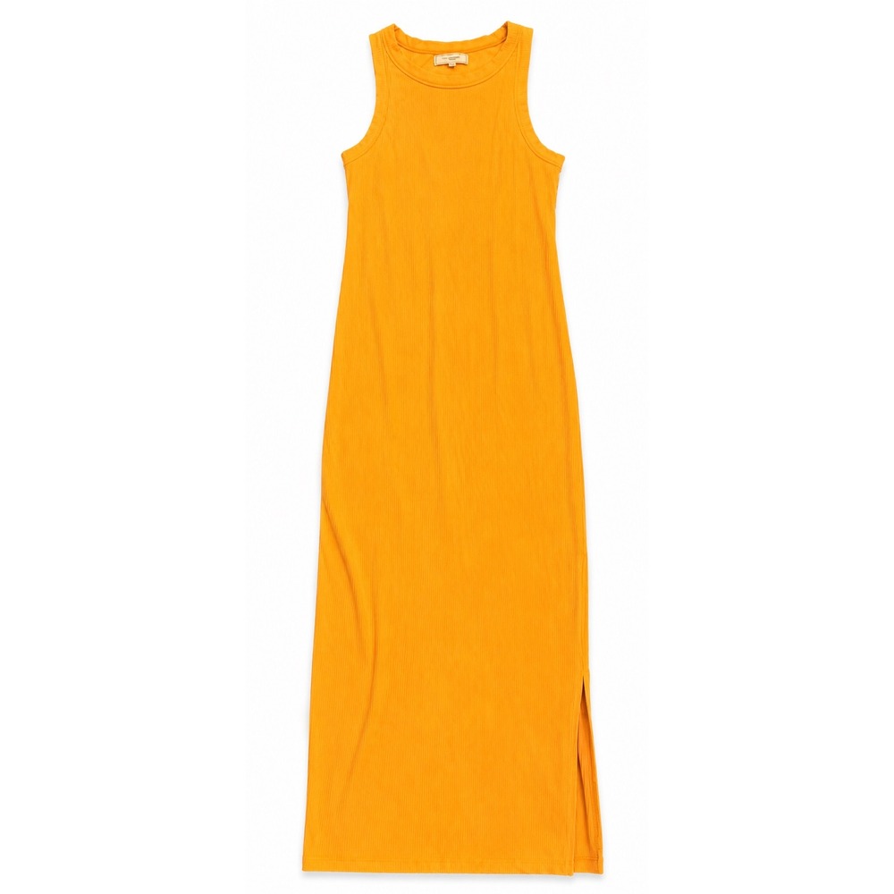 No Comment NY LA Mustard Yellow Ribbed Sleeveless Maxi Dress Side Slit XL Y2K